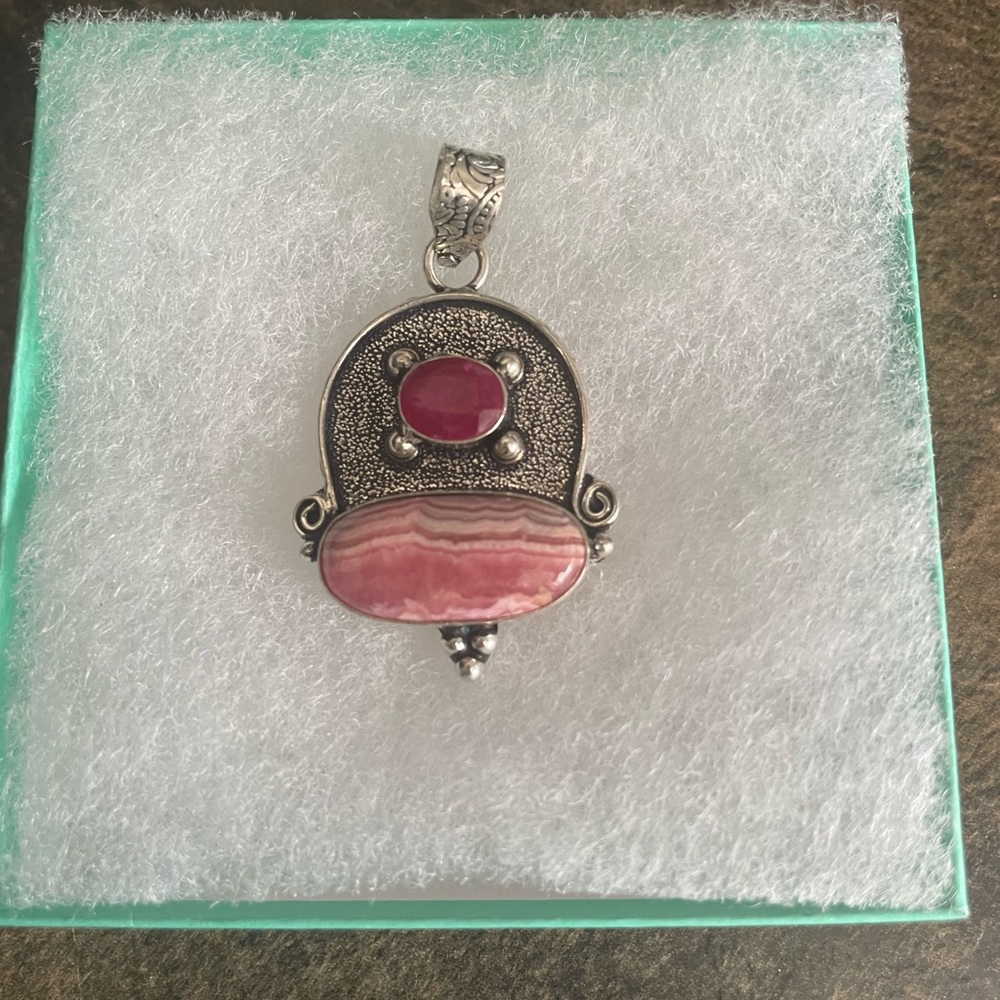 Ruby / Striped Rhodochrosite 925 Sterling Silver Pendant /Hand Crafted ❤️ - Picture 5 of 6